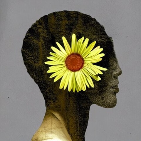 A yellow daisy in front of a silhouette of what appears to be a person's head made of stone