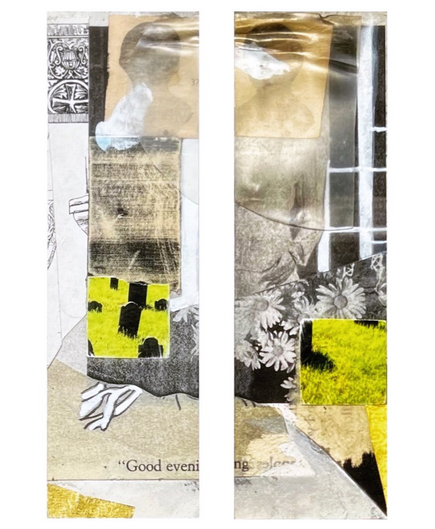 Mixed media diptych in collage and painting.