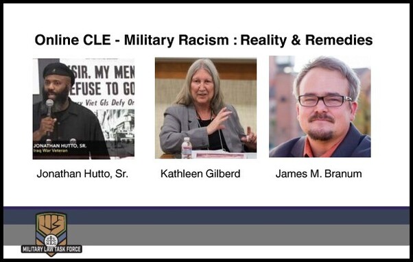 Text: Online CLE - Military Racism: Reality & Remedies
Jonathan Hutto, Sr.
Kathleen Gilberd
James M. Branum

GRAPHICS: Photos of the 3 panelists, MLTF logo, 2 horizontal color bars at the bottom of the graphic.