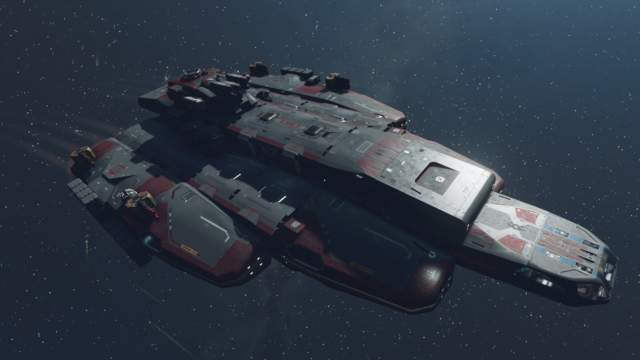 A picture of a ship built in Starfield, using sleek components and lots of turrets. It is wider and taller aft than it is at the bow