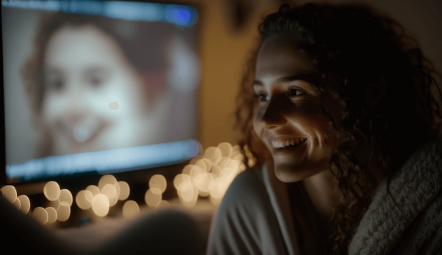 Can broadcast be personal? An image of a happy woman looking at something we cannot see. In the blurred background is a screen with another woman's face on it.