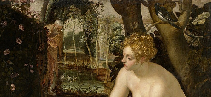 Detail from a Renaissance painting of the head and shoulders of a very pale woman, in a garden. In the back ground, a grey-bearded man is loitering at the end of a rose trellis... there is also a family of ducks on a pond and magpie.