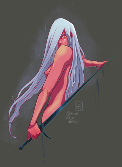 Illustration of a red skinned woman with silver hair, from the torso up, topless. She looks over her shoulder while holding a black sword up behind her back.