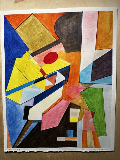 An abstract expressionist painting with almost all angular and sharp shapes, all brightly colored, all fitting together like a stained glass.