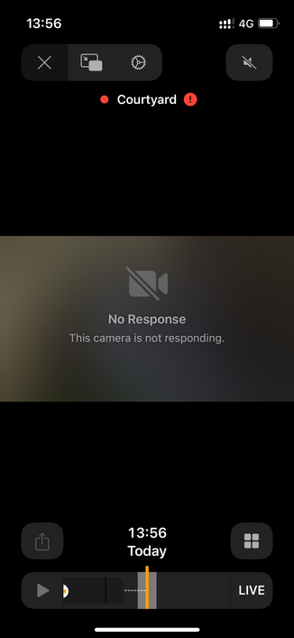 A screenshot of the Home app on iOS 17 showing a HomeKit Secure Video camera, with it failing to connect to the live stream.  It shows the error:

No Response
This camera is not responding.