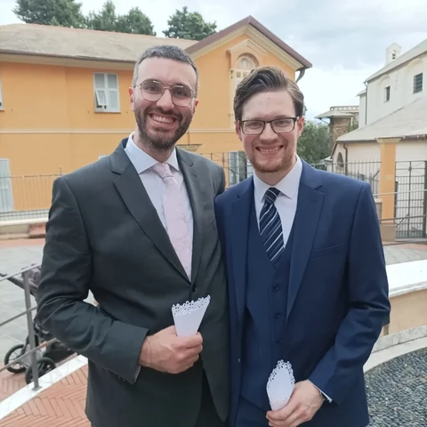 Me with my Richard in suits outside the church