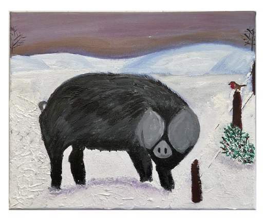 Large black pig in a snowy scene Holly and a robin