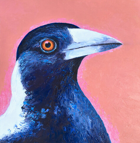 A thick textured Oil painting portrait of a magpie on a peach coloured background.  The bird has a pink halo effect surrounding it.