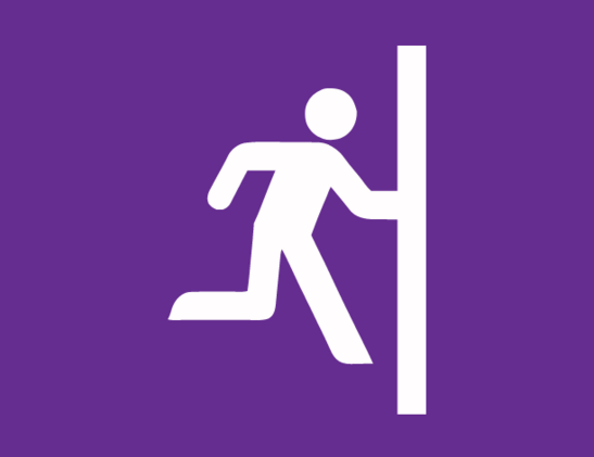 An illustration showing a person going out of a door, in purple background.