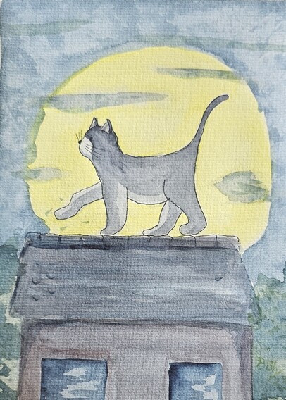 Aquarell: Graue Katze auf einem Dach vor dem Vollmond