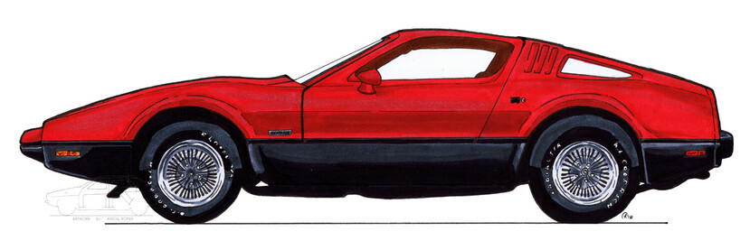 An artwork of a red and black Bricklin SV-1 car seen in profile.