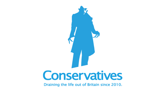Parody UK Conservatives Party logo which has a graphic of Nosferatu and the caption "draining the life out of Britain since 2010."