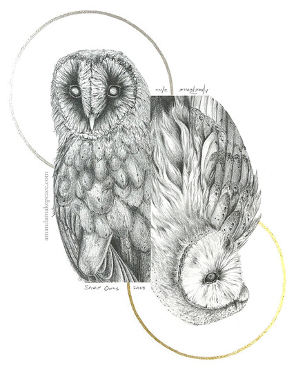 Photograph of my Spirit Owls fine art print embellished with silver and gold. Two barn owls, one upright (Dusk) and one flipped down (Dawn). Dark and Light. Sun and Moon.