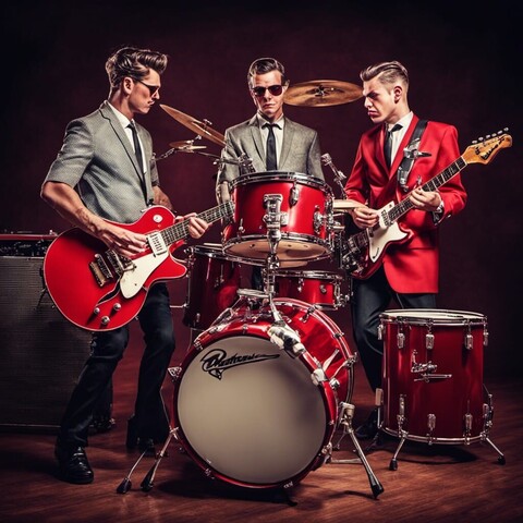 50s band trio, dark red background, left electric guitar player has grey jacket, sleeves rolled up or short, drummer also has grey jacket, right side guitar player has red jacket, all have white shirts and dark ties, red guitars and red drum kit on a wooden floor,. All seem to be blonde with quiffs, the red jacket man is without shades. A speaker or amp read left