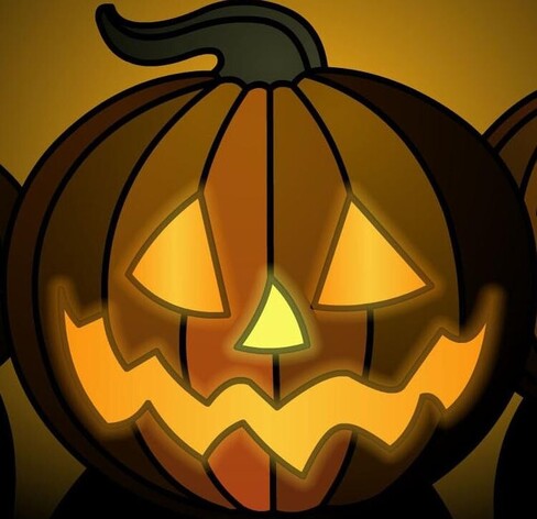A drawn picture of a Jack o Lantern. It is the traditional orange pumpkin with the traditional triangle eyes and nose type of jack o lantern face. the jack o lantern glows from within and is set against a dark orange background.
