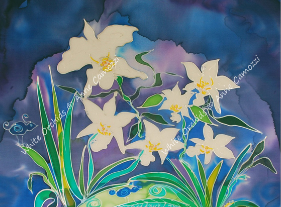 Six white orchids against a serene blue purple background. At the bottom are green leaves and small bluebirds. The painting gives a feeling of serenity.