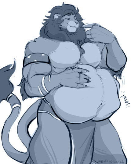 An anthro lion licking his fingers while holding his large, bulging belly, implying he's eaten someone