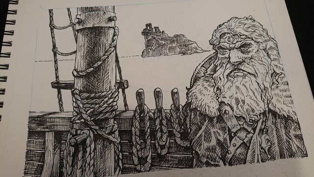Ink drawing of bearded man on deck of an old sailing ship.