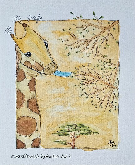 Kopf einer Giraffe mit rausgesteckter Zunge. Daneben stilisierte Akazienzweige und unten ein stilisierter Thorn- Baum