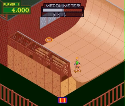 Gameplay gif from "720Â°". The perspective is isometric. A skateboarder skates back and forth on a giant halfpipe,  doing tricks in the air on either side.