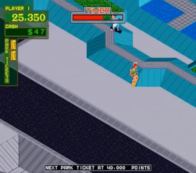 Gameplay gif from "720Â°". The perspective is isometric. A skateboarder skates through a city skatepark, which features inclines and hazards (such as pools of water).