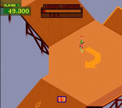 Gameplay gif from "720Â°". The perspective is isometric. A skateboarder skates down a series of steep downhill ramps, doing a dramatic jump off of one over a pool of water.