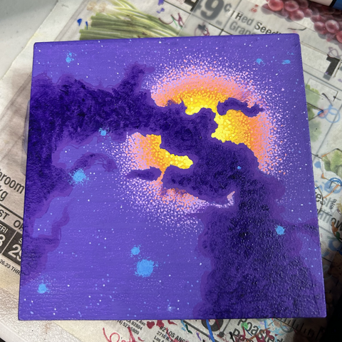 WIP square painting of Space nebula in purple s with clouds in front of a large yellow orange glow