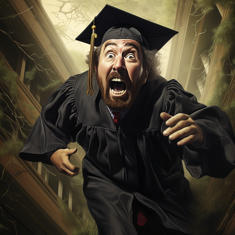 An image created by midjourney with the prompt: "An older college graduate wearing a graduation cap and gown as he struggles to escape from a nightmare."