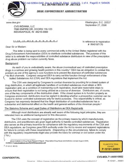 A photocopy of a letter on Department of Justice, Drug Enforcement Administration letterhead to CVS Indiana, dated September 27, 2006. The letter describes the responsibilities of controlled substance distributors.