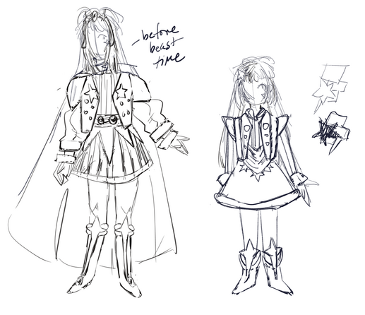 Two versions of Astemar in her magical girl form; one older and one younger. They are both wearing a variant of the same outfit, as the older one is an evolved version of the younger version, with the older one having a cape.