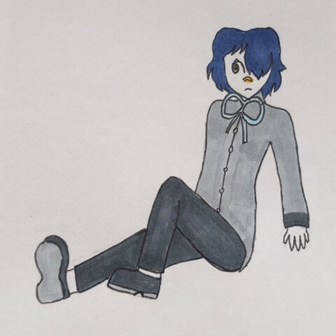 Hirayama Momoru: dark blue hair, bangs cover *his* left eye, black (not rly) eyes, wearing a mostly grey school uniform, Mary Jane shoes, sitting down