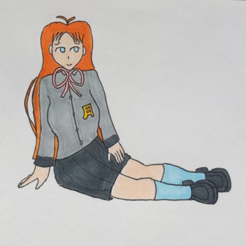 Kataoka Manami: long orange hair, light blue eyes, wearing a mostly grey school uniform (instead of trousers, she wears a skirt), Mary Jane shoes, and blue socks, sitting down