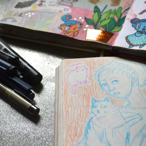 A photo of notebooks, showing some sketches and doodles made in colored pens.