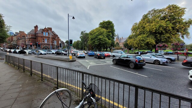 The Stranmillis Road junction near Queens in South Belfast, showing dozens of drivers going nowhere fast on a wet and blustery Tuesday evening in September.