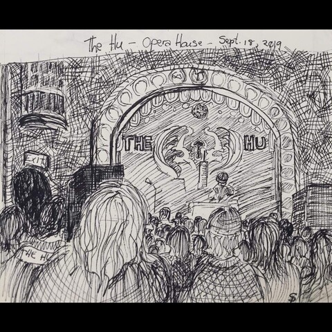 Drawing of The Opera House in Toronto. The place is full of people, and the drawing gives off lots of energy.