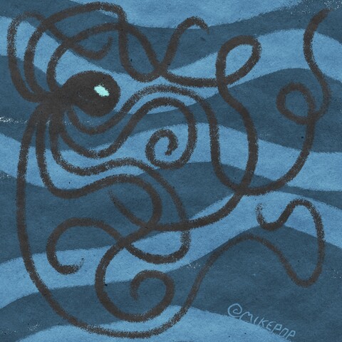 A stylized drawing of an octopus in black charcoal strokes on a blue background with slightly lighter-blue waves crossing behind. The eye of the octopus glows green