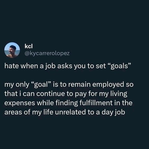kcl

@kycarrerolopez

hate when a job asks you to set "goals"

my only "goal" is to remain employed so that i can continue to pay for my living expenses while finding fulfillment in the areas of my life unrelated to a day job
