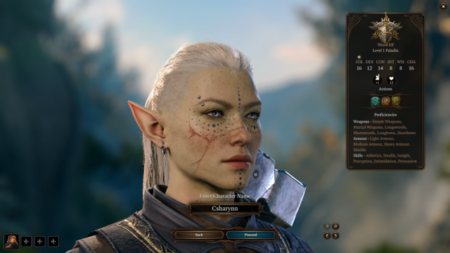 A blonde, grey-eyed pale-green wood elf in armor and a war hammer on her back.