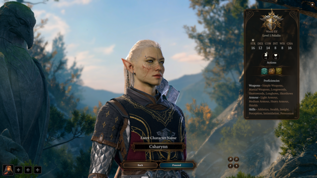 A blonde, grey-eyed pale-green wood elf in armor and a war hammer on her back (From further away).