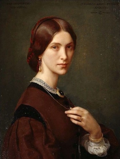 Fashionable young lady in autumn colours painted from the side with face turned to front