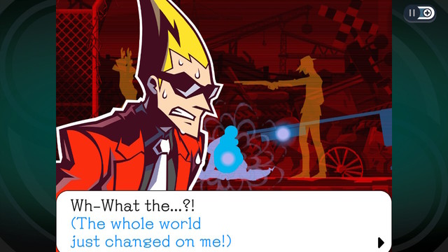 A close-up of Ghost Trick's protagonist Sissel. They are sweating and in mild distress.
The subtitles say: "What the...? The whole world just changed on me."