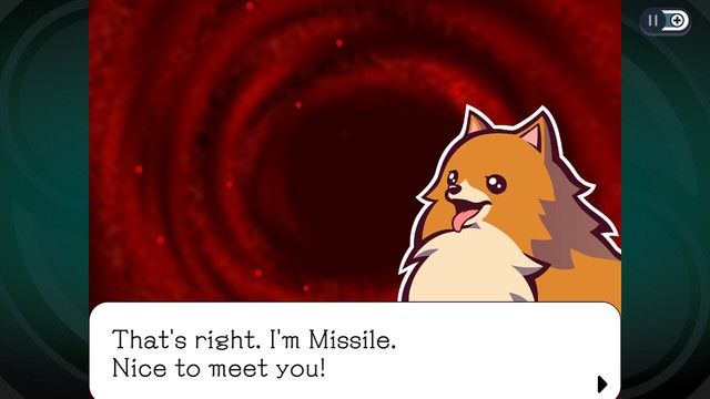 A close-up of a cute Pomeranian in front of a red swirling void in the background. The subtitles say: "That's right. I'm Missile. Nice to meet you."