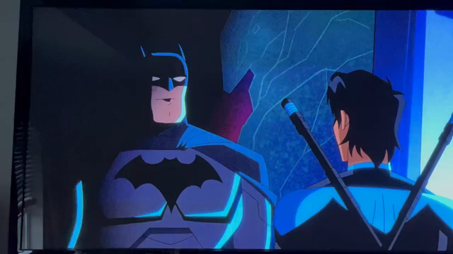 Scene from Harley, Quinn, the animated series, featuring Dick, Grayson, Batman, and Robin.