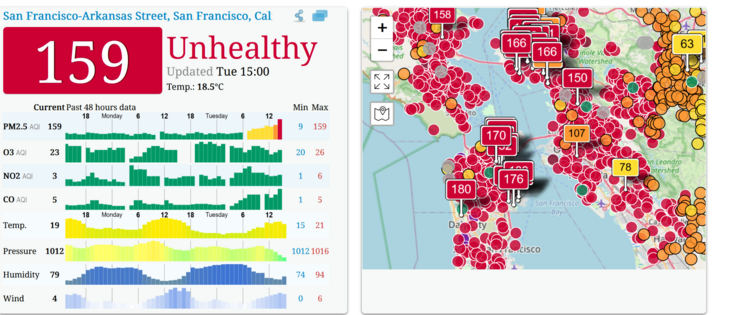 air quality map of the bay area - red, 159 unhealthy