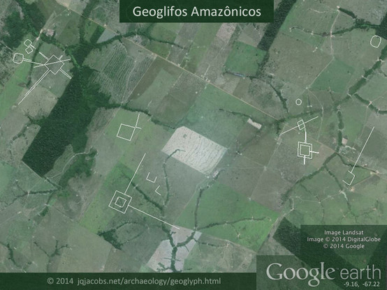 Amazonas geoglyphs outlined on satellite imagery.
