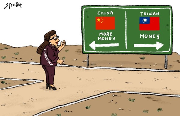 A women in a suit with Honduras written on it is standing at a crossroad. A sign with an arrow to the right points towards "Taiwan, money". A sign with an arrow to the left points towards "China, more money."