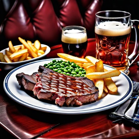 Scottish lunch art: steak and chips with peas, extra bowl of chips, on wooden table in bar with two pints of beer, not quite full
