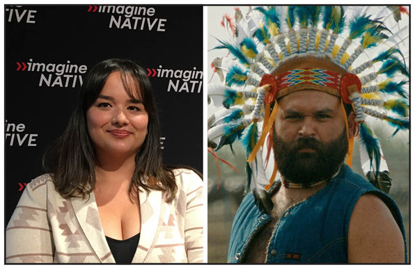 Two photos: At left is a woman standing in front of a banner that has imagineNATIVE printing repeatedly on it. At right is a bearded man wearing a toy or fake feather headdress. He scowls looking toward the camera.