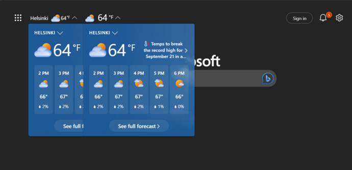 Microsoft Edge browser showing 2 greetings (weather) in the same profile