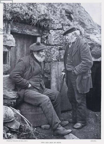 Two men are having a conversation outside a very simple crofters cottage.